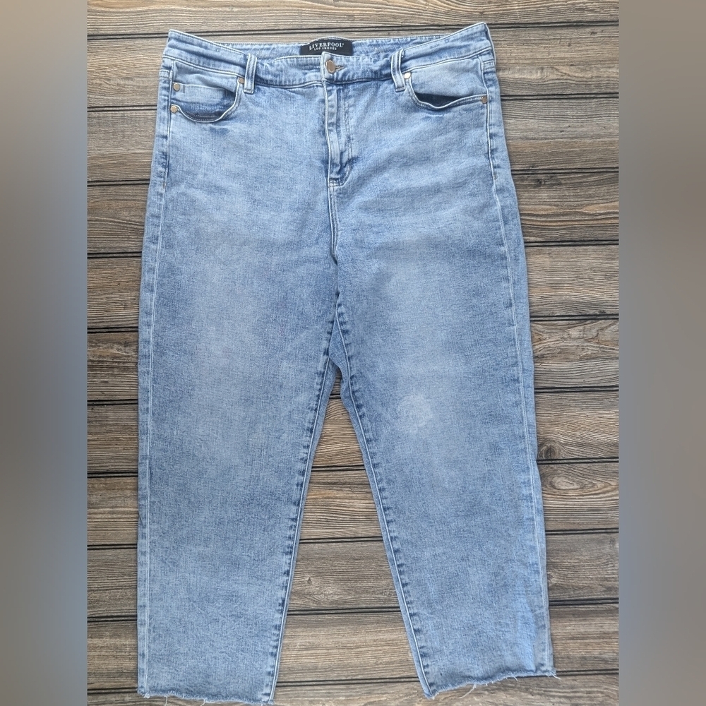 Liverpool Size 16 Straight Leg Relaxed Frosted Jeans Raw Hem Stretchy